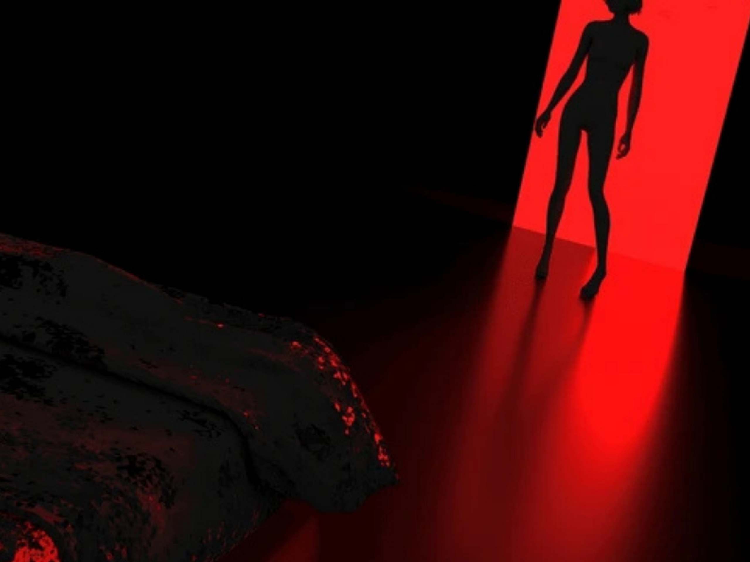 A woman in front of the room door